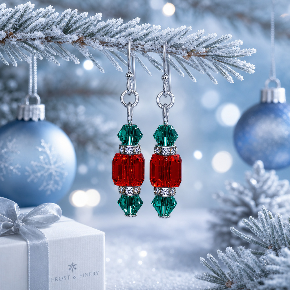 Handmade Holiday Glass Cube & Bicone Earrings #C1